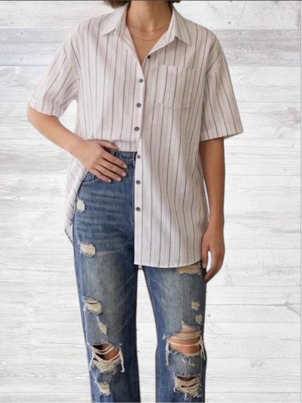 Striped Short-Sleeve Button-Down Shirt in Light Beige